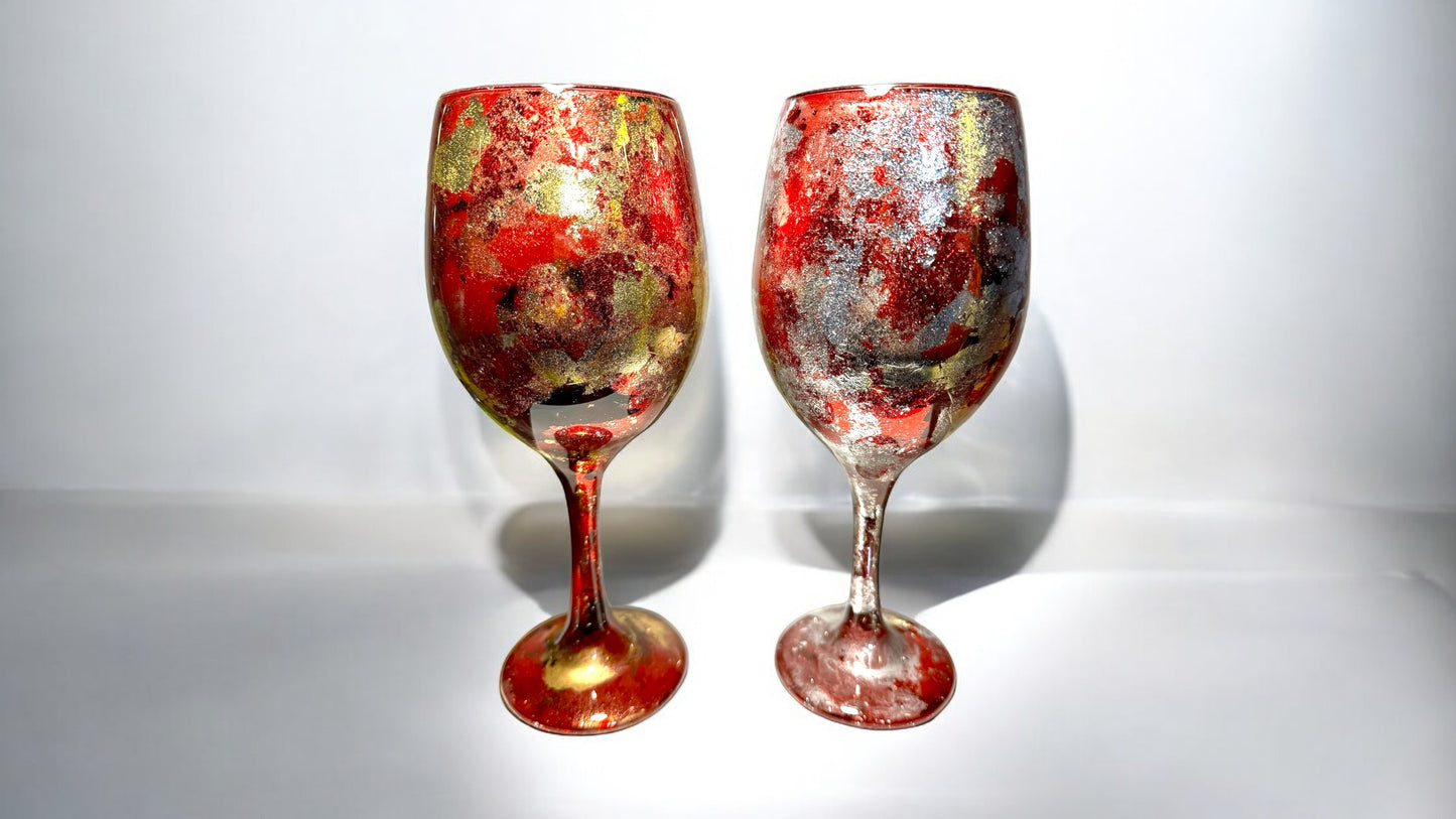 Red and Gold Flake Holiday Wine Glass & Drinkware-Handmade