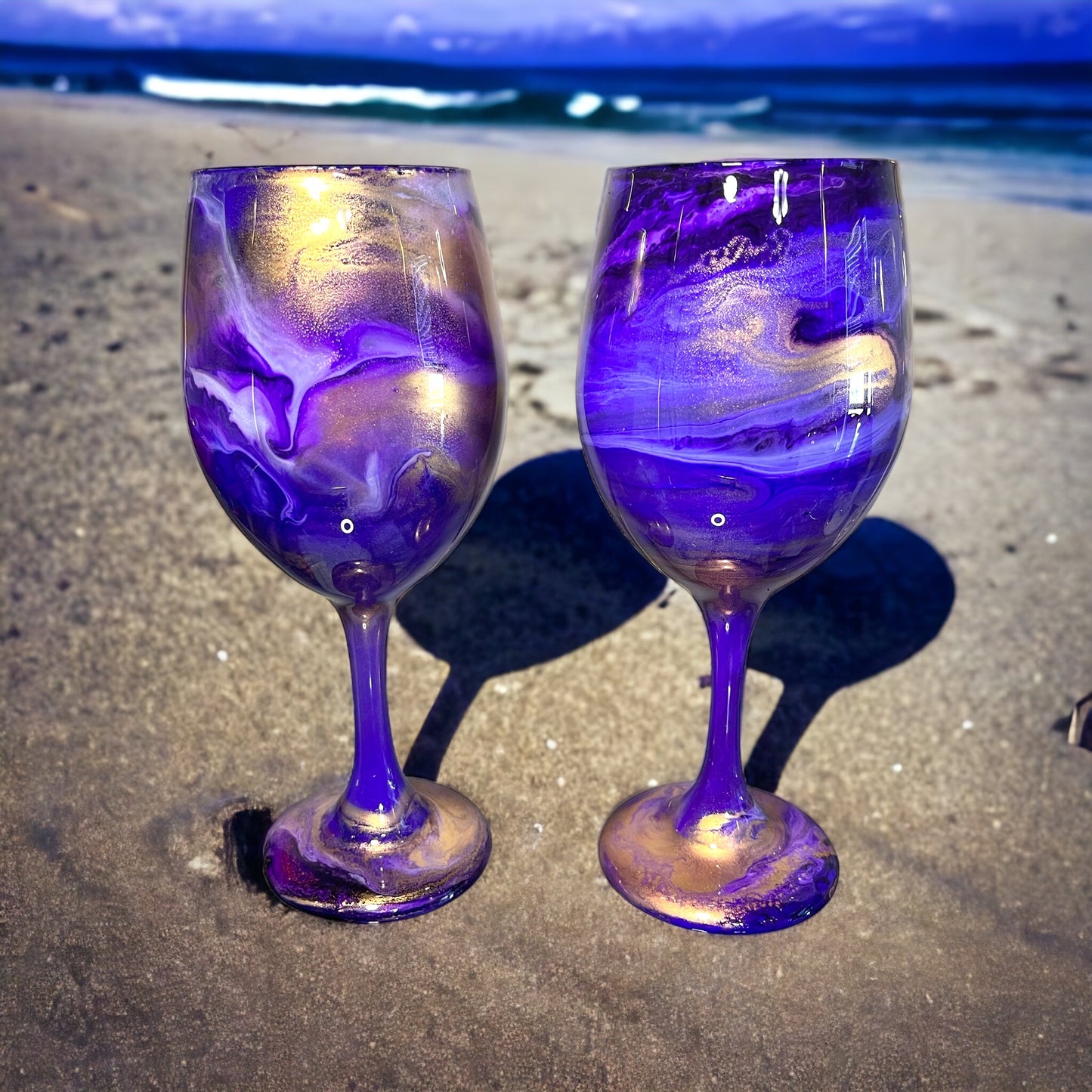 Purple and Gold Swirl Wine Glasses and Drinkware-Handmade