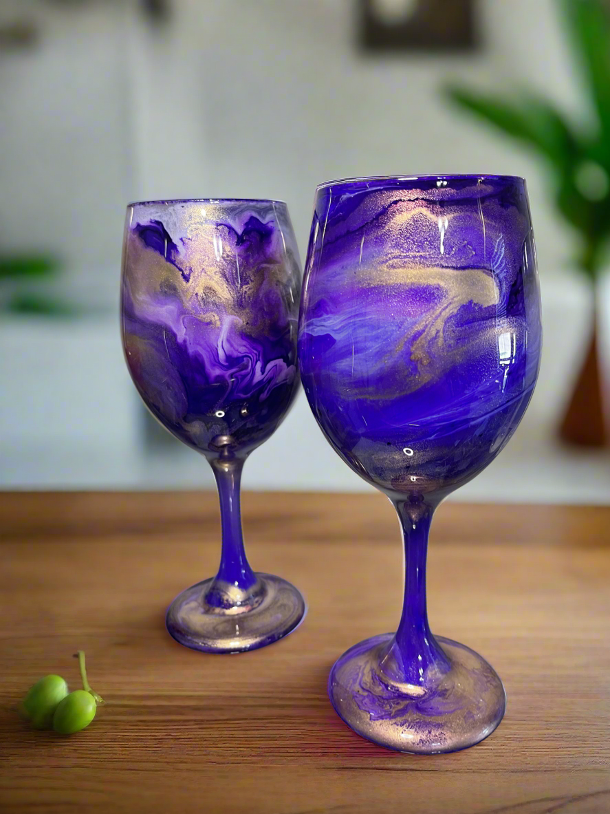 Purple and Gold Swirl Wine Glasses and Drinkware-Handmade