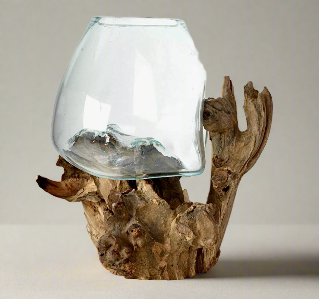 Recycled Molten Glass Bowl on Balinese Gamal Wood