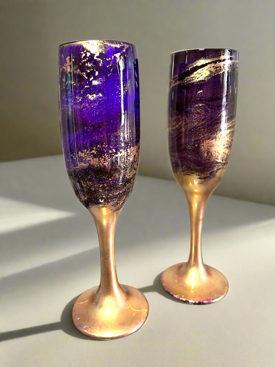 Purple and Gold Swirl Wine Glasses and Drinkware-Handmade