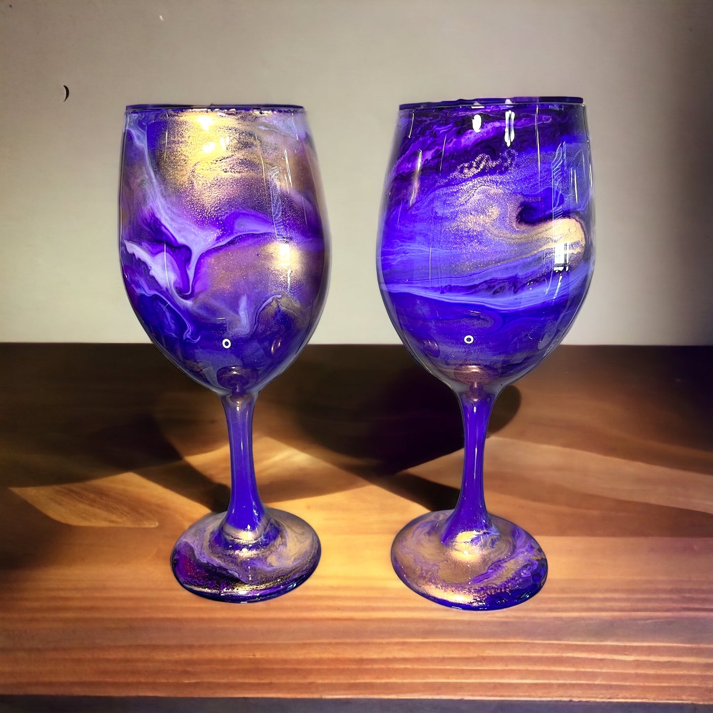 Purple and Gold Swirl Wine Glasses and Drinkware-Handmade