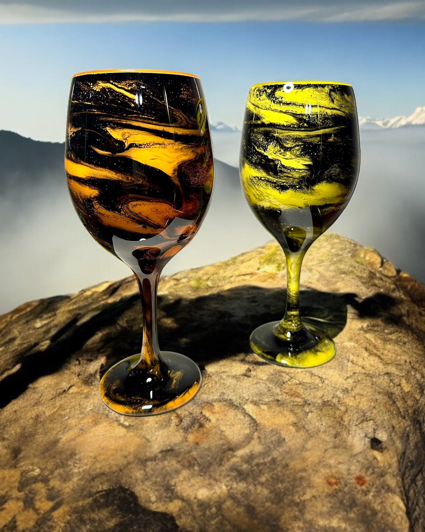 Orange and Black Swirl Wine Glasses and Drinkware-Handmade