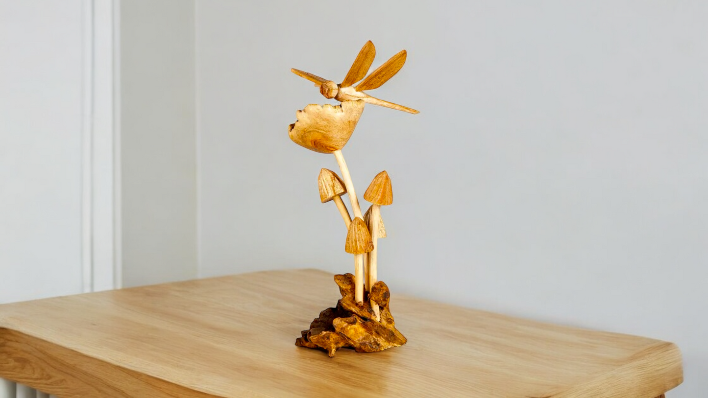 Hand Carved Dragonfly Wooden Mushroom Sculpture