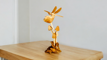 Hand Carved Dragonfly Wooden Mushroom Sculpture
