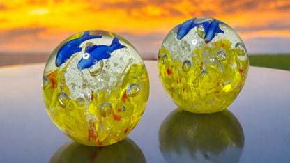 Blue Dolphin and Coral Glass Paperweight-Multiple Colors