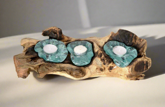 Recycled Molten Glass Triple Tea-light on Balinese Gamal Wood