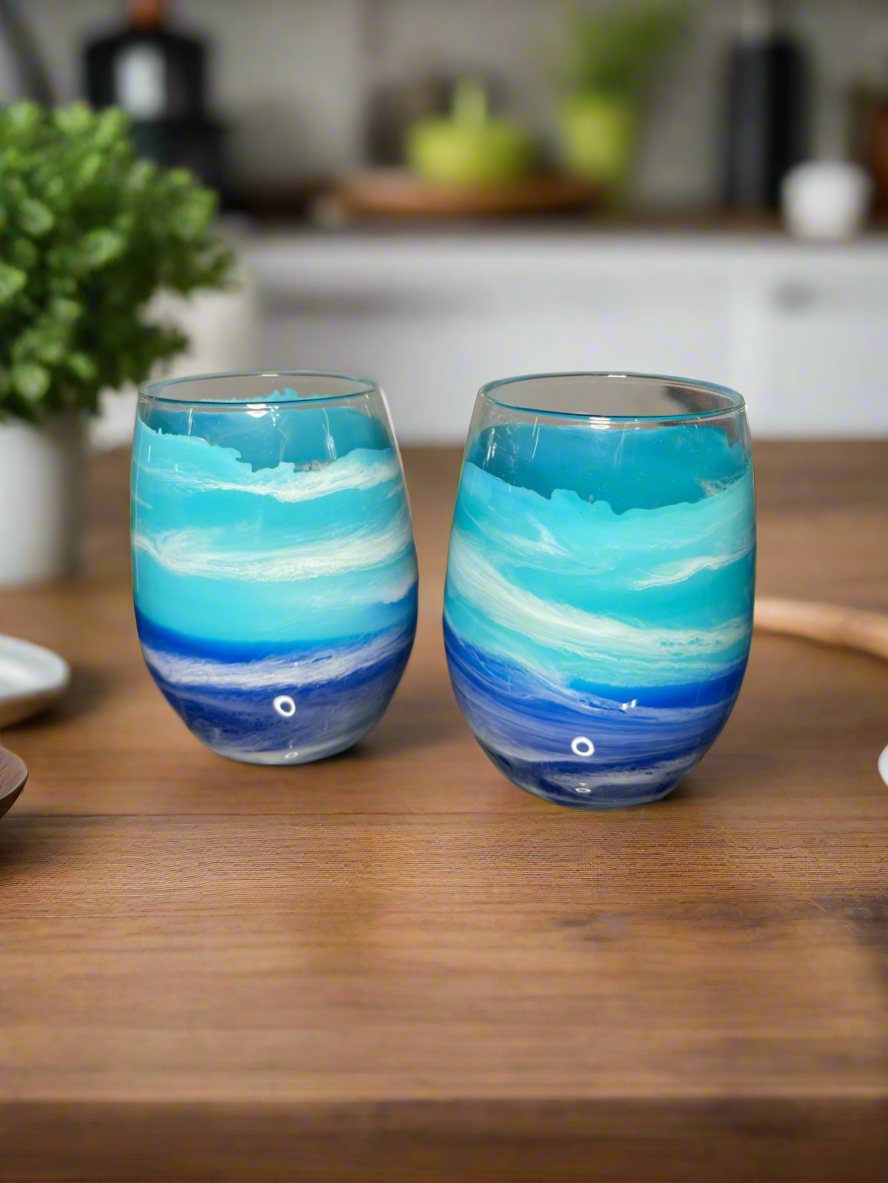 Blue Waves Wine Glasses and Drinkware-Handmade