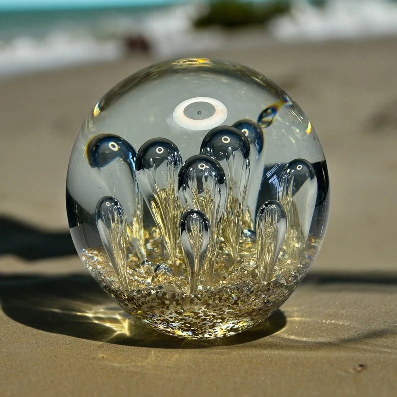 Ocean Bubbles and Mica Sand Glass Art Sculpture-Paperweight