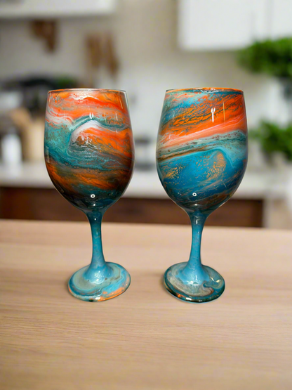 Orange and Turquoise Wine Glasses and Drinkware-Handmade