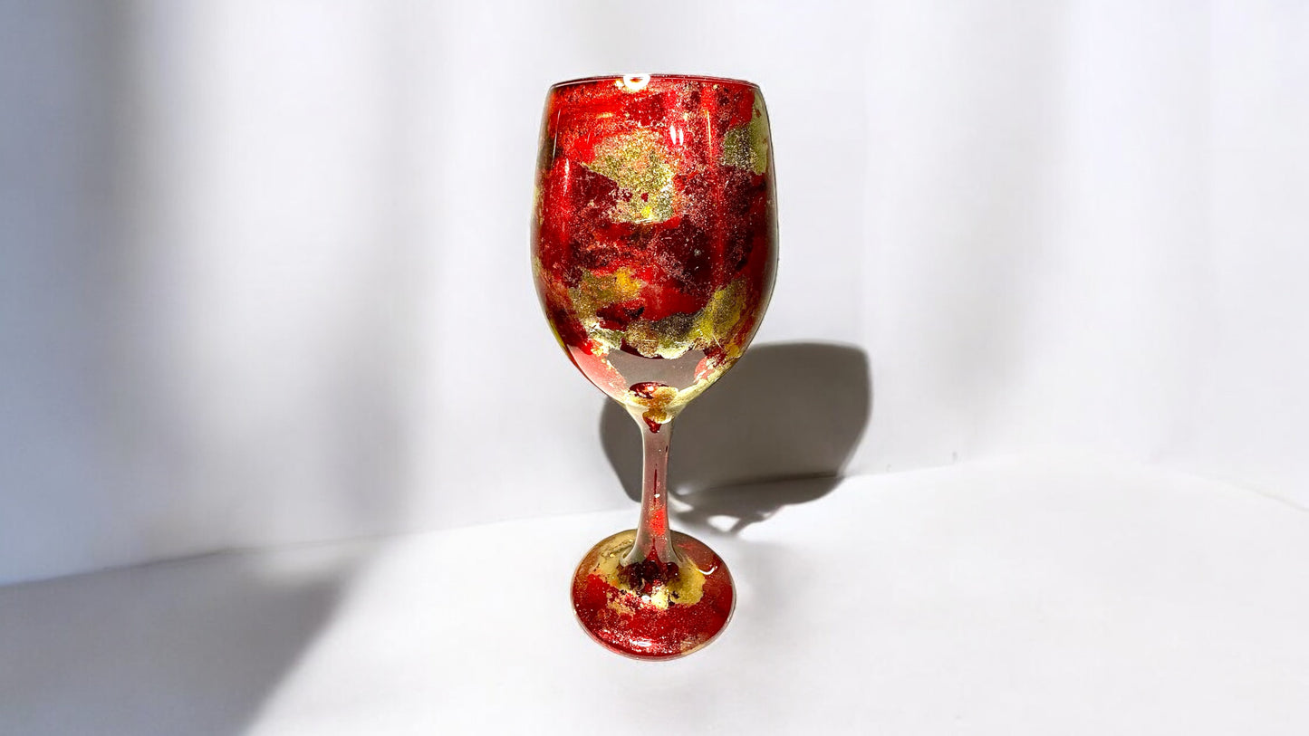 Red and Gold Flake Holiday Wine Glass & Drinkware-Handmade