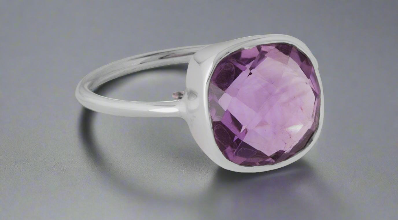 Amethyst Cushion Cut Solitaire Ring- 925 Sterling Silver