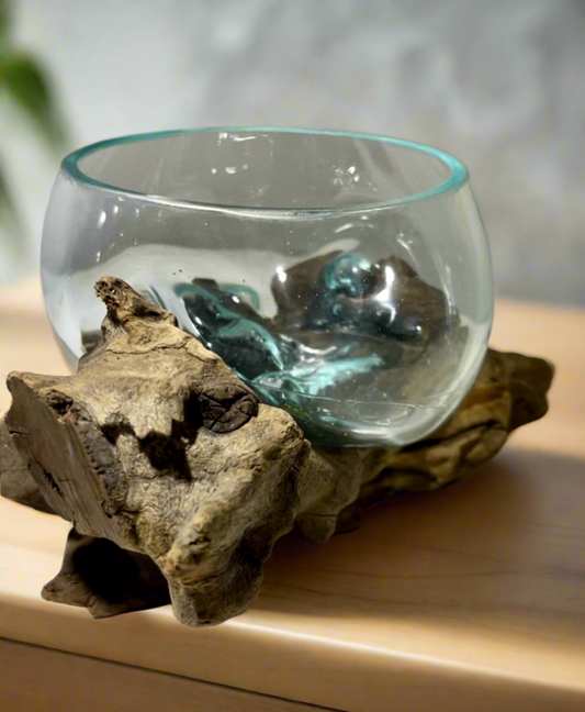 Recycled Molten Glass Bowl on Balinese Gamal Wood