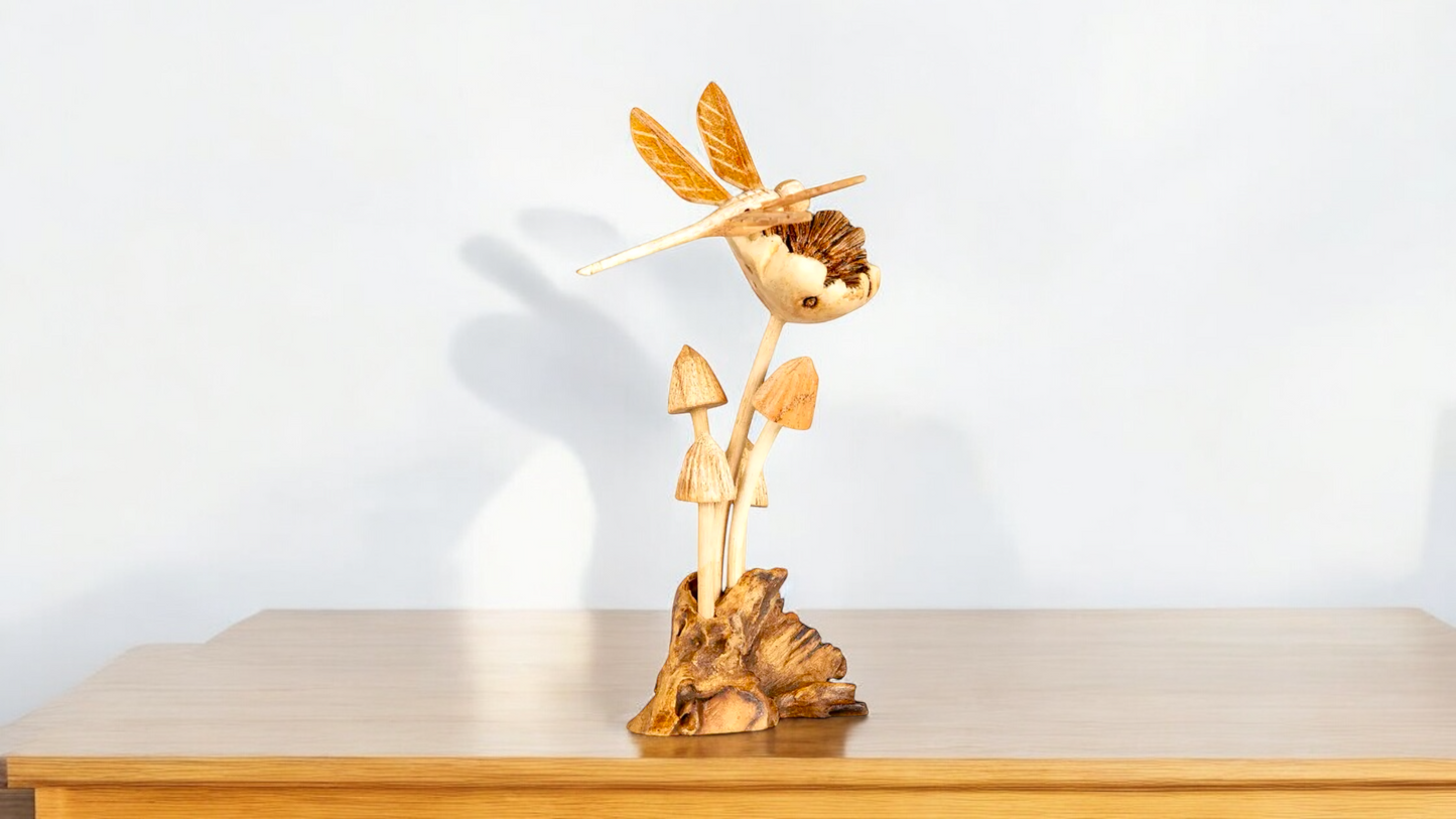 Hand Carved Dragonfly Wooden Mushroom Sculpture