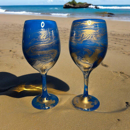 Blue and Gold Swirl Wine Glass-Handmade