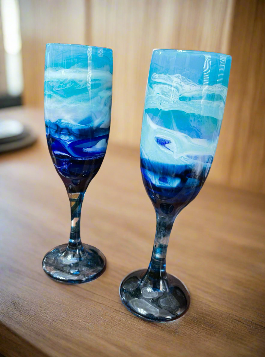 Blue Waves Wine Glasses and Drinkware-Handmade