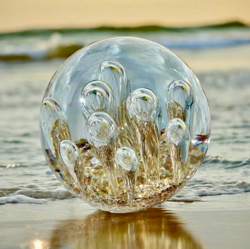 Ocean Bubbles and Mica Sand Glass Art Sculpture-Paperweight