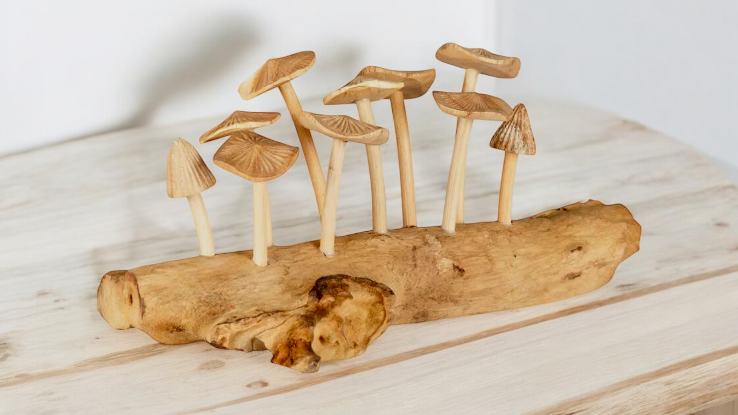 Hand Carved Wooden Mushroom Sculpture