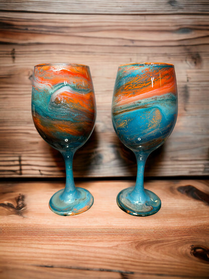 Orange and Turquoise Wine Glasses and Drinkware-Handmade