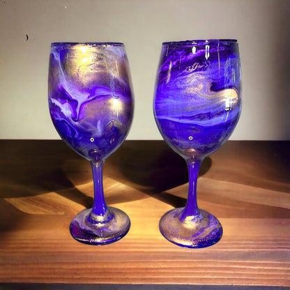 Purple and Gold Swirl Wine Glasses and Drinkware-Handmade