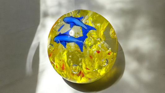Blue Dolphin and Coral Glass Paperweight-Multiple Colors