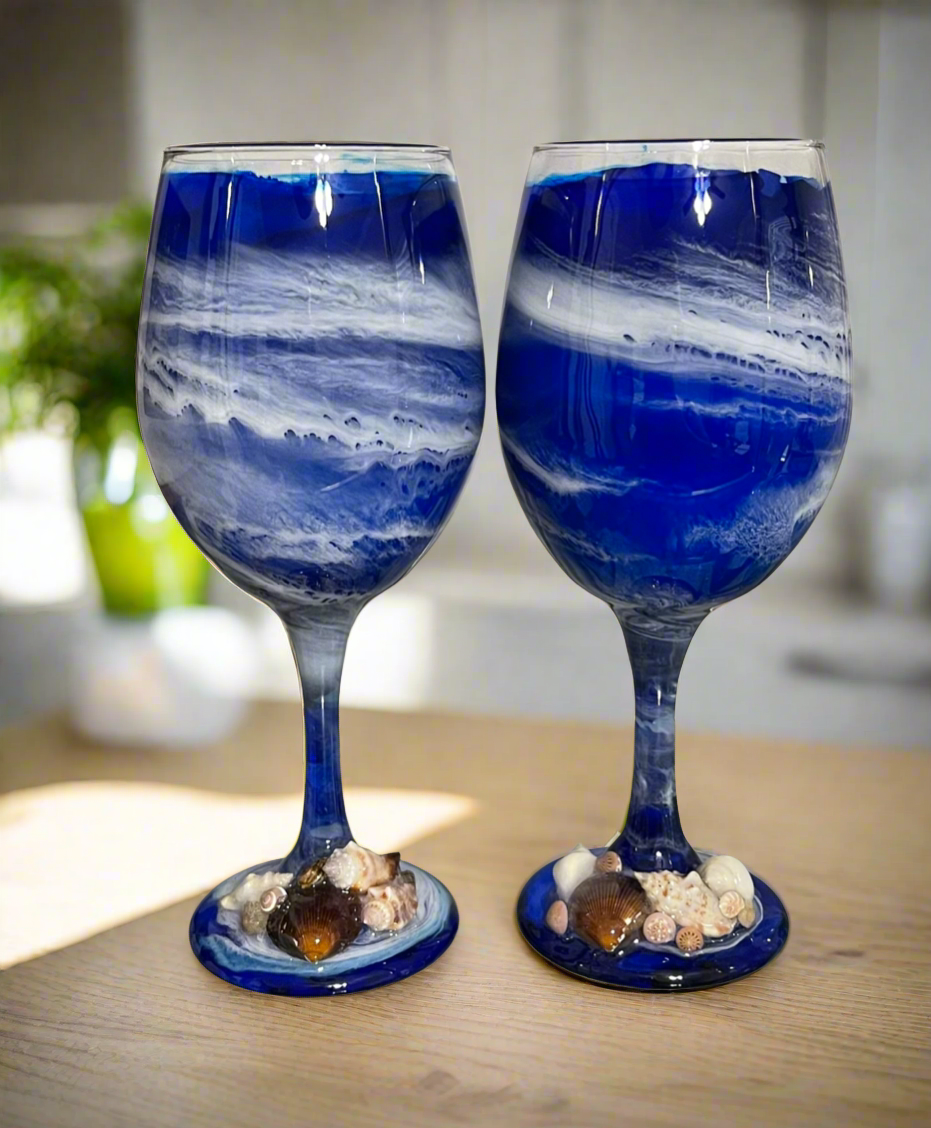 Ocean with Shells Wine Glasses and Drinkware-Handmade