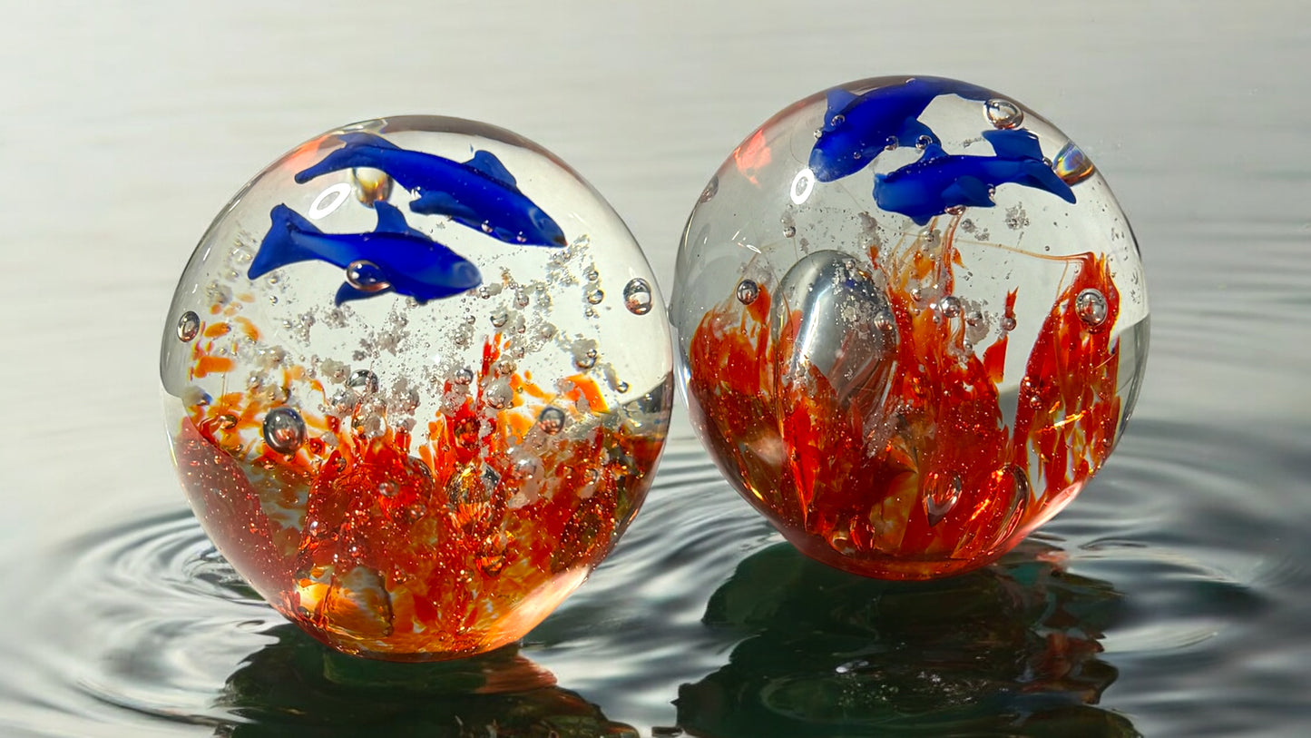 Blue Dolphin and Coral Glass Paperweight-Multiple Colors