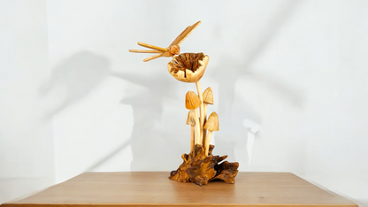 Hand Carved Dragonfly Wooden Mushroom Sculpture