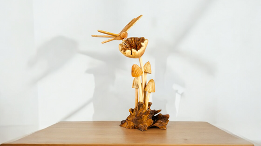 Hand Carved Dragonfly Wooden Mushroom Sculpture
