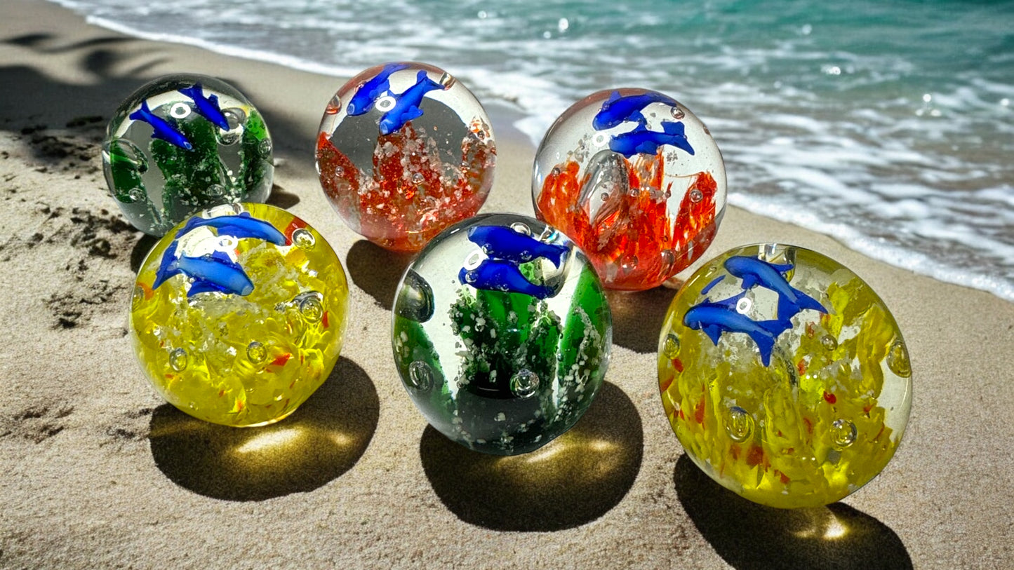 Blue Dolphin and Coral Glass Paperweight-Multiple Colors