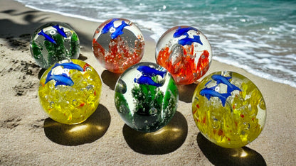 Blue Dolphin and Coral Glass Paperweight-Multiple Colors