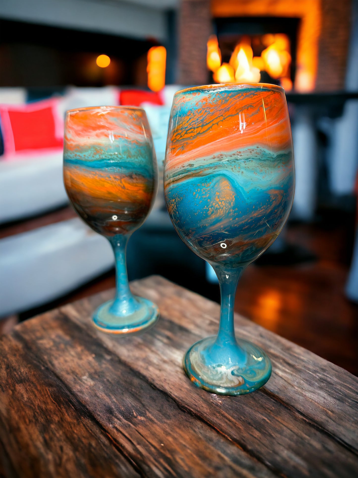 Orange and Turquoise Wine Glasses and Drinkware-Handmade
