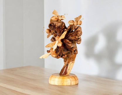 Hand carved Wooden Bee And Mushroom Sculpture