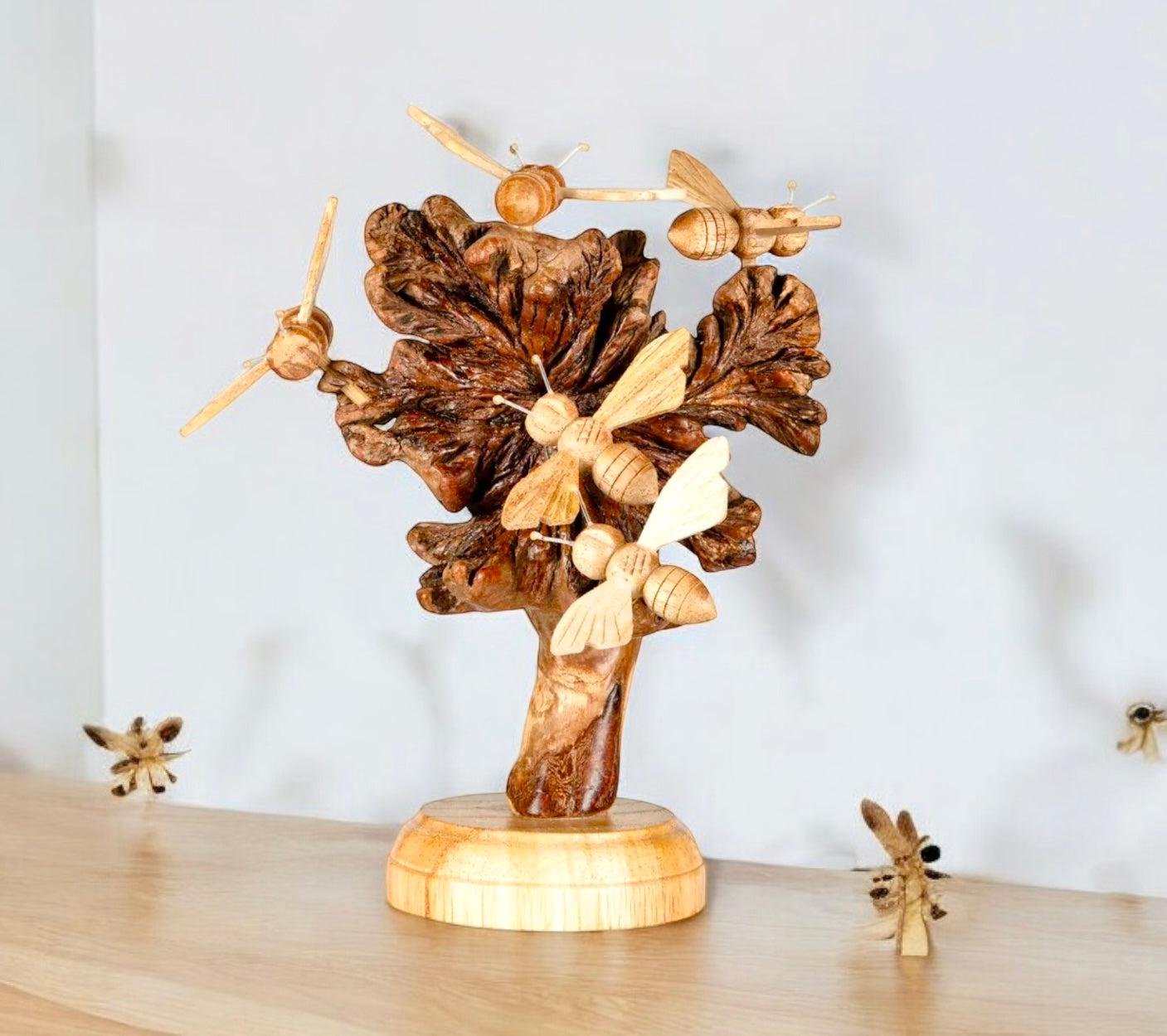 Hand carved Wooden Bee And Mushroom Sculpture