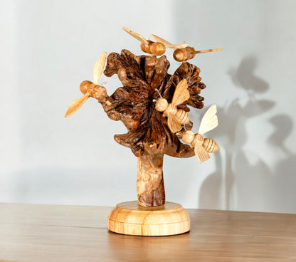 Hand carved Wooden Bee And Mushroom Sculpture